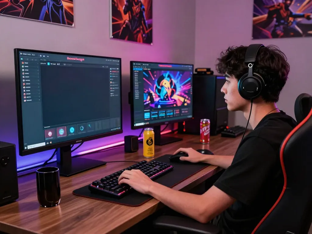 Player engaging with Daftar Dewatogel in vibrant gaming setup, showcasing excitement and immersive atmosphere.