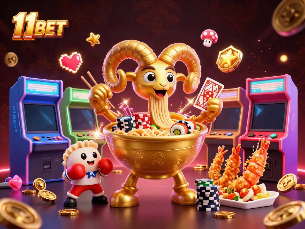 Engage with 11 BET's vibrant casino scene featuring a giant ramen bowl dealing cards and colorful gaming elements.