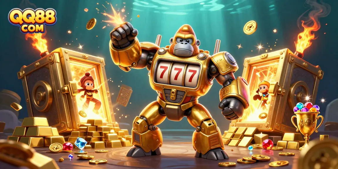 Experience thrilling wins with QQ88 COM, featuring a golden gorilla mech and treasures galore!