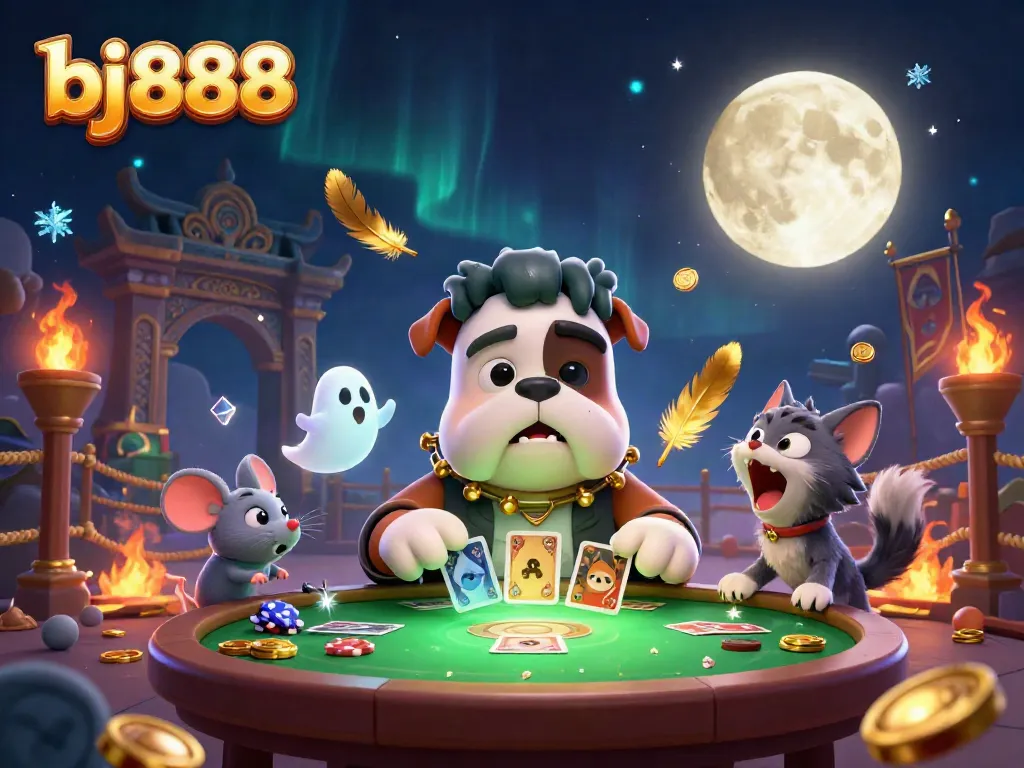 Engage with bj888's exciting casino scene featuring a Frankenstein bulldog dealer and mystical elements.