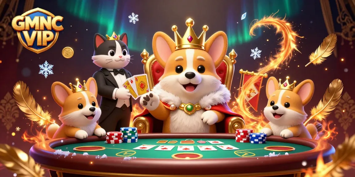 Join the fun at GMNC VIP with a vibrant scene showcasing a royal corgi in a casino atmosphere.