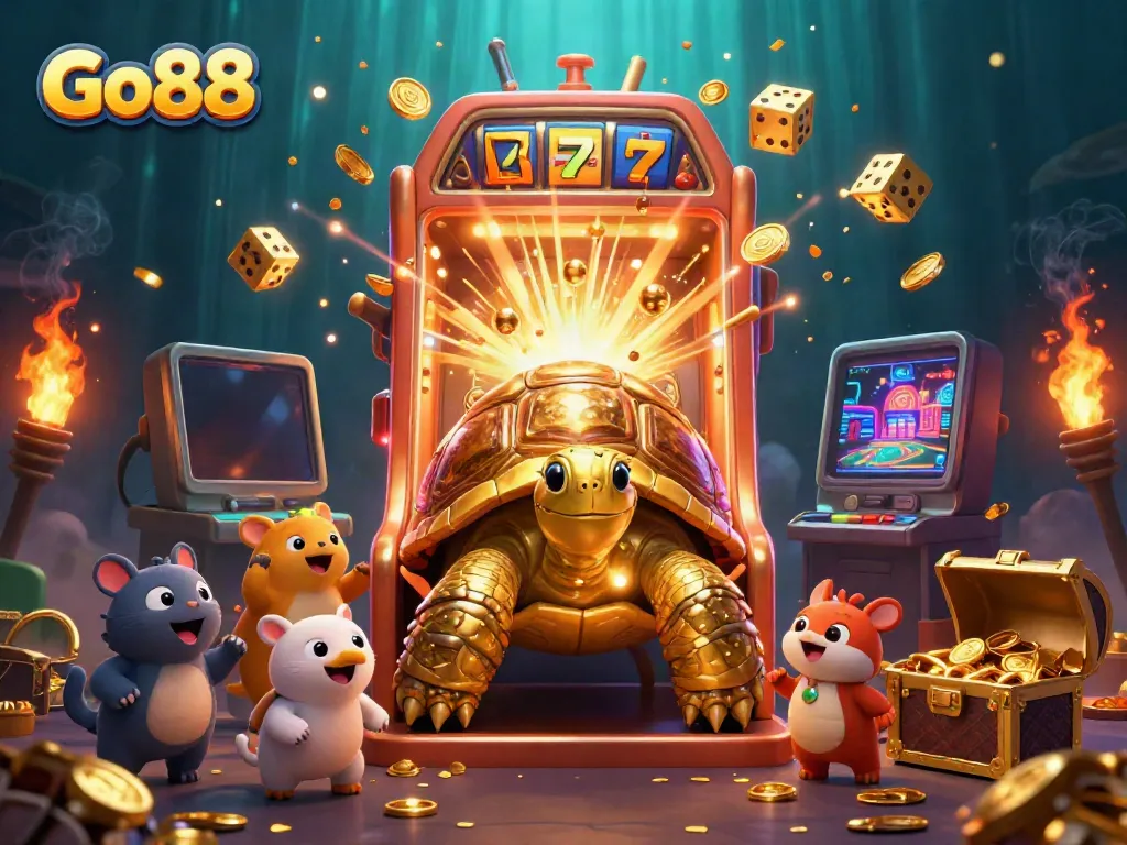 Engage in exciting gaming at Go88 featuring a golden tortoise pinball machine and jackpot slot action.