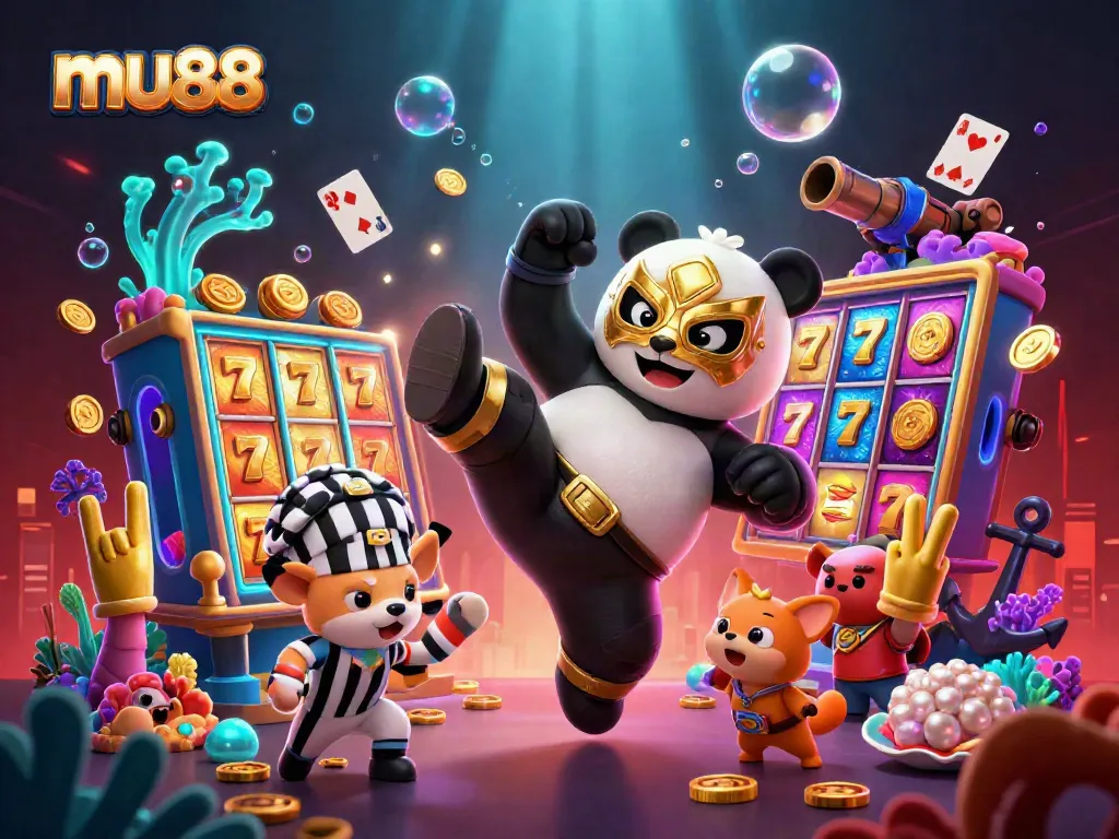 Experience the thrill of mu88 with a vibrant 3D illustration showcasing a panda and chihuahua in a lively casino scene filled with winning elements.