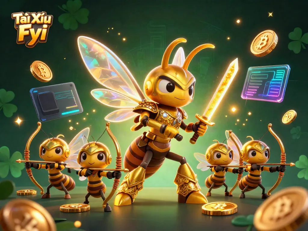 Engage in the action with Tài Xỉu Fyi featuring a samurai hornet and crypto elements in a vibrant casino atmosphere.
