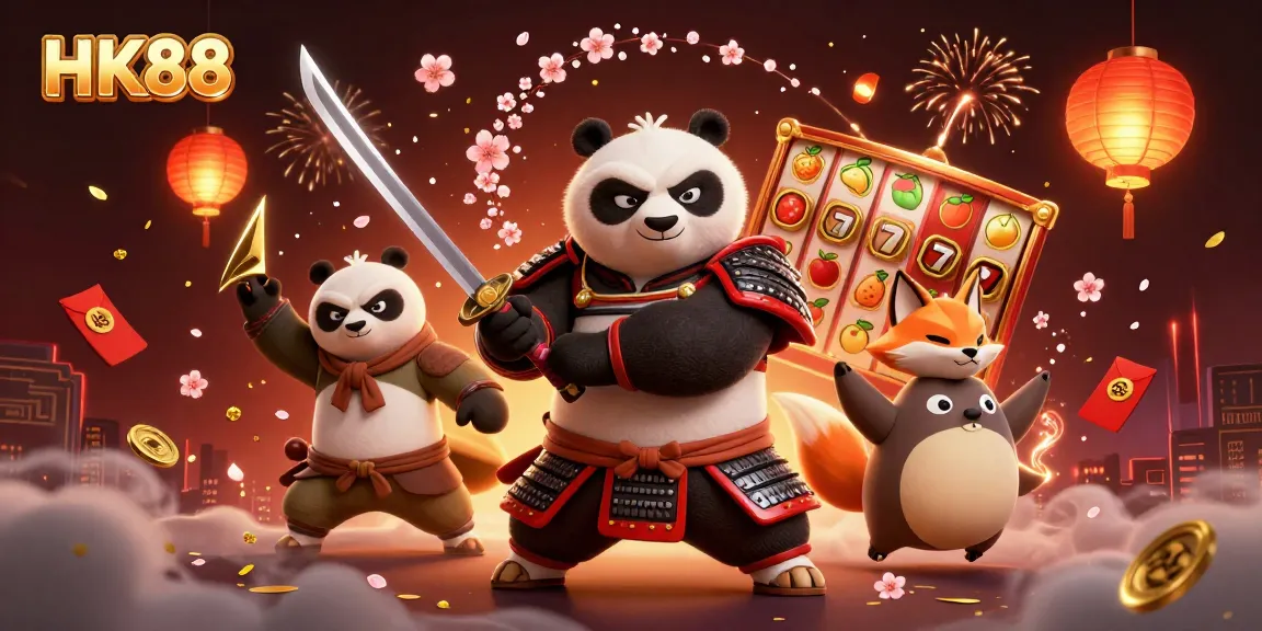 Experience exciting wins at HK88 with vibrant slot action, featuring samurai panda and ninja fox.