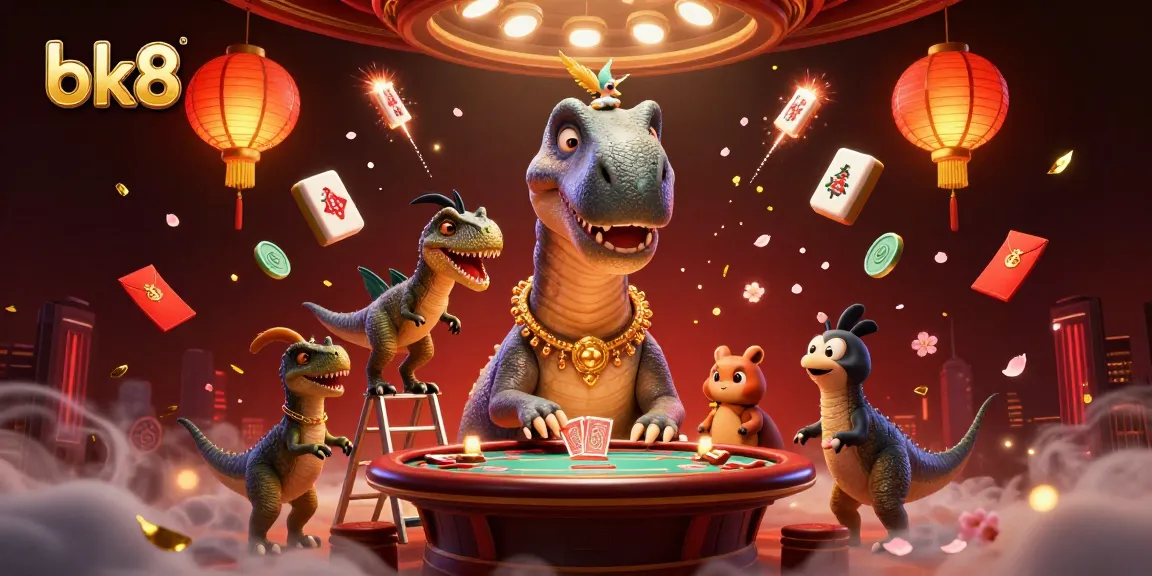 Experience thrilling games at bk8 with a giant brontosaurus overseeing an exciting poker game scene.