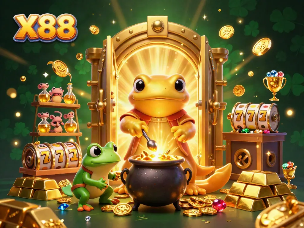 Watch X88's golden alchemist transform base metals into winning gold coins amidst dynamic casino elements.