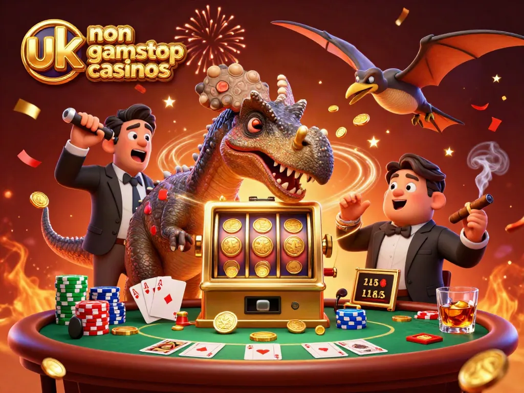 Experience thrills at uk non gamstop casinos with cartoon dinosaurs celebrating big wins and gameplay.