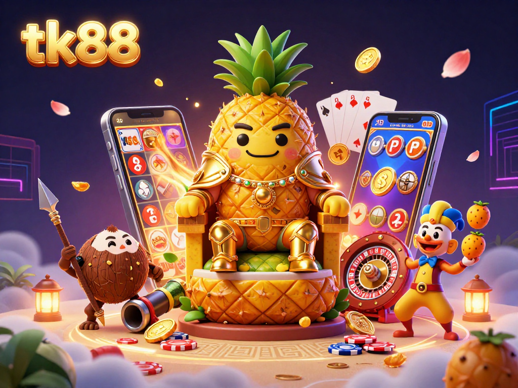 Experience the vibrant adventure of tk88 with a golden pineapple king and colorful casino elements.