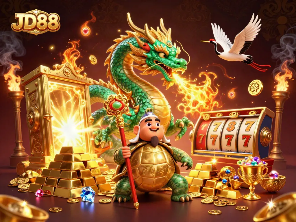 Experience thrilling wins at JD88 with a captivating 3D casino scene highlighting jade dragons and treasure!