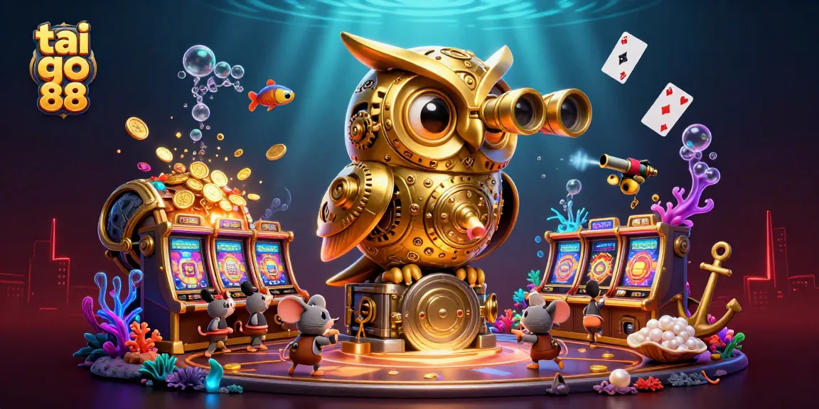 Play and win at tai go 88 with a vibrant scene of a golden owl overseeing a dynamic casino world.