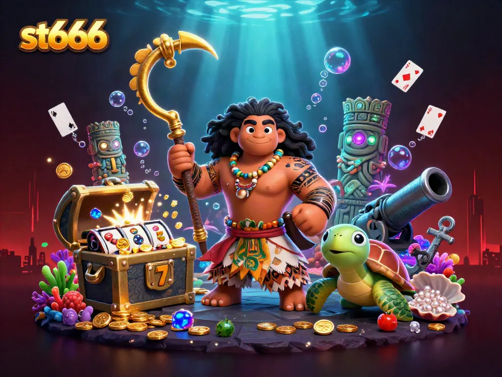 Players embrace st666 excitement in a vibrant casino scene filled with slot reels and treasures.