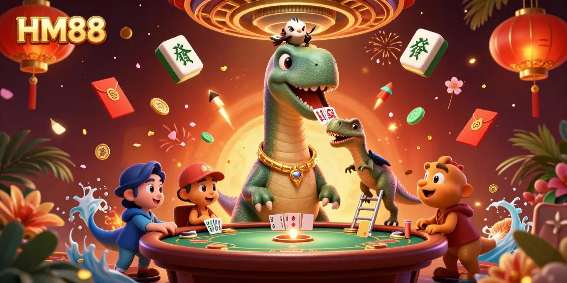 Experience thrilling gaming action at HM88 with a dynamic scene featuring a playful brontosaurus and raptor amidst casino elements.