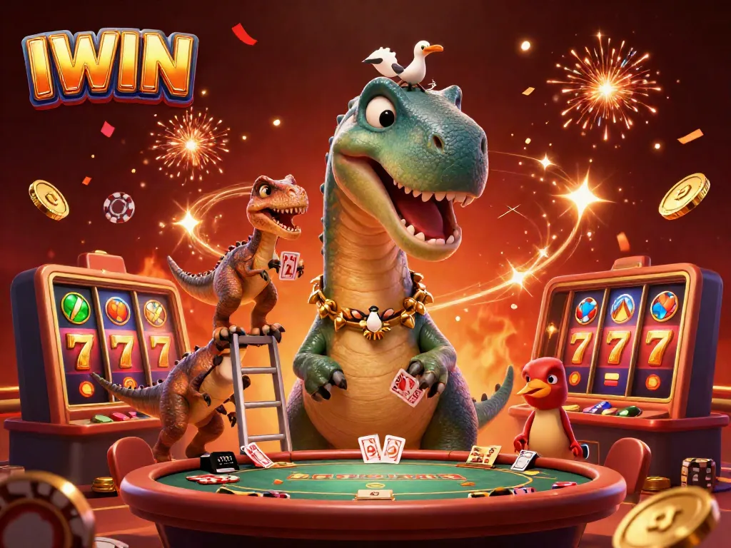 IWIN casino scene featuring a giant brontosaurus, a raptor dealing cards, and vibrant gambling elements.