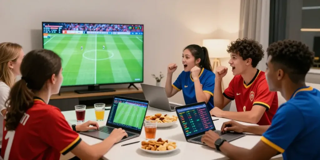 DewaGG offers a vibrant sports betting experience as friends engage with live football, laptops open for strategic betting.