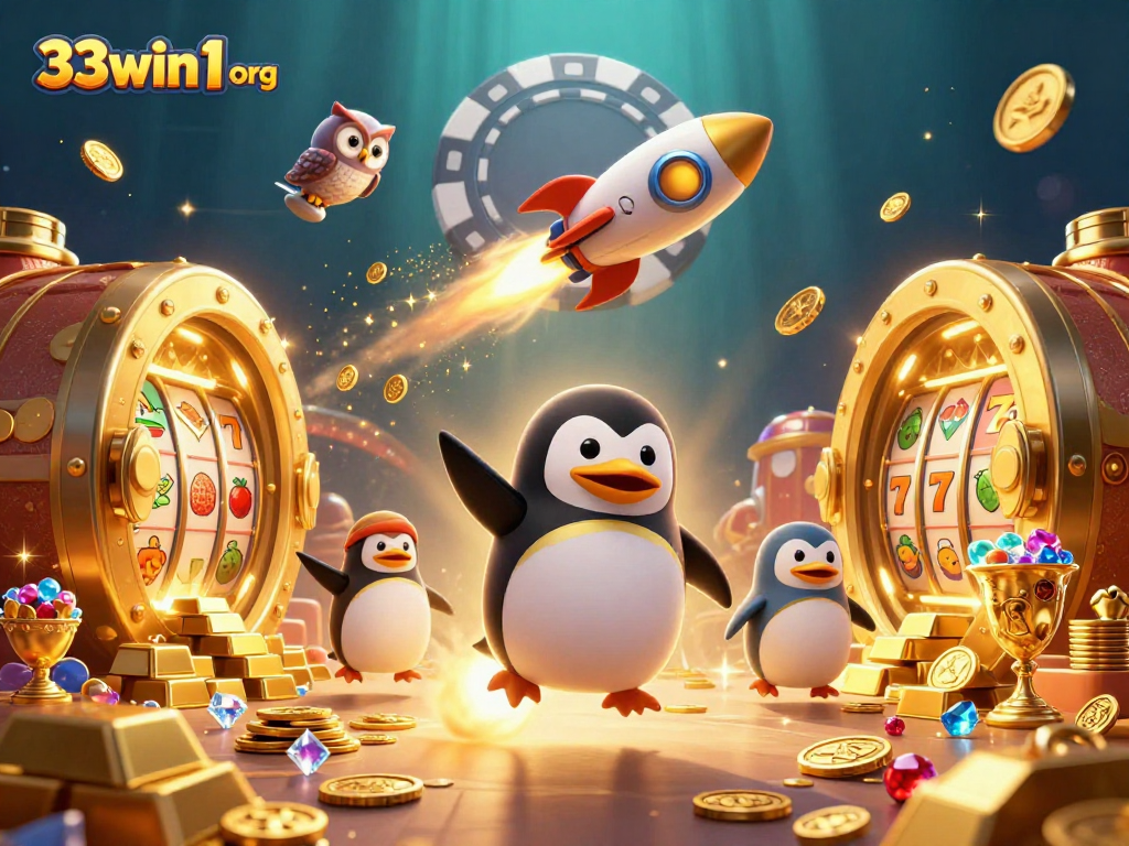 Engage with exciting action at 33win1 org featuring a golden penguin heading towards a casino!