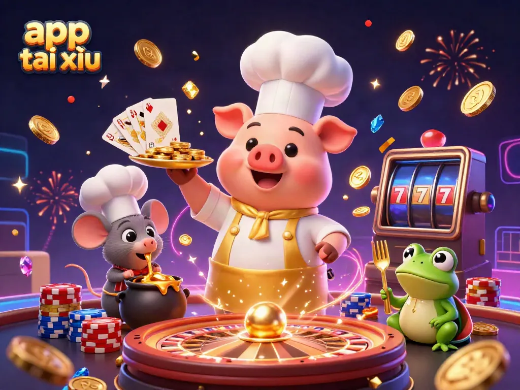 Win big with the app tài xỉu as a pig chef presents gold coins in a vibrant casino