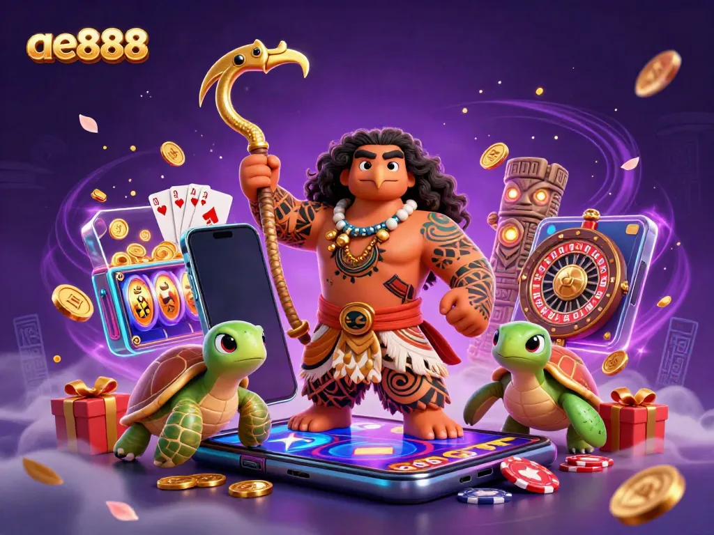 Experience thrilling casino adventures with ae888, featuring a demigod and slot game elements.