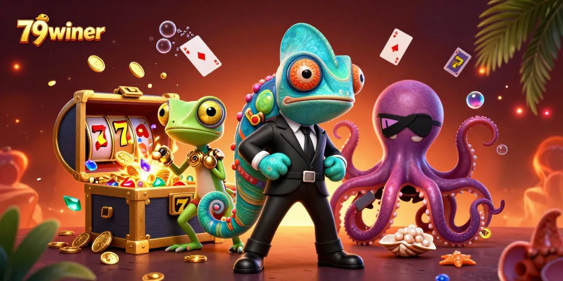 79winer's vibrant casino-themed illustration showcases action-packed slots and gambling elements.