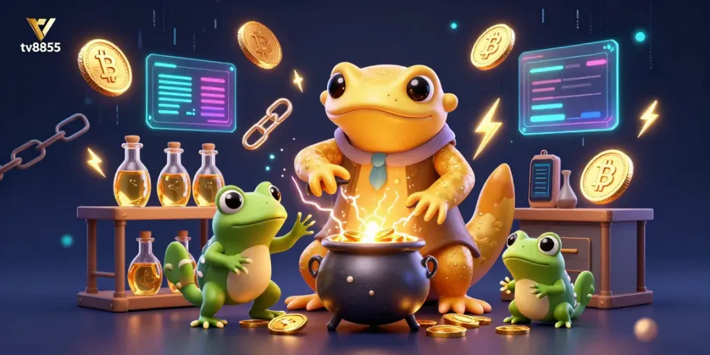 Experience thrilling wins with tv8855, a dynamic scene of a golden alchemist and crypto elements in a lively casino.
