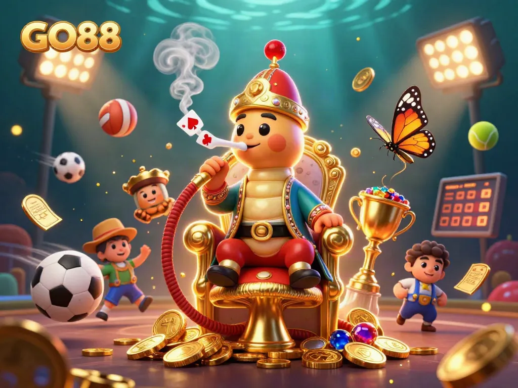 Engaging GO88 gaming scene with a caterpillar sultan, poker symbols, and sports elements.