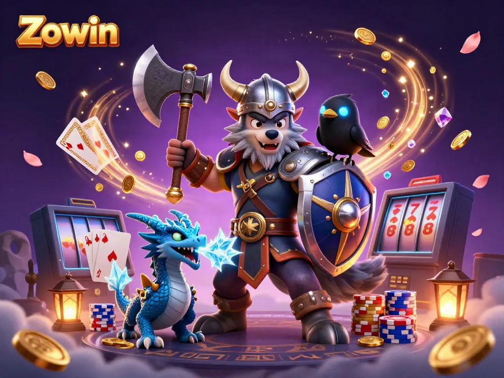 Zowin themed illustration depicting a Viking wolf warrior with a dragon amidst casino elements like coins and cards.