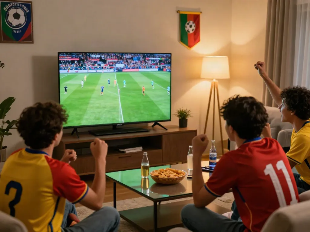 Friends enjoying a live match watching xoilactv on a large screen with snacks and drinks.