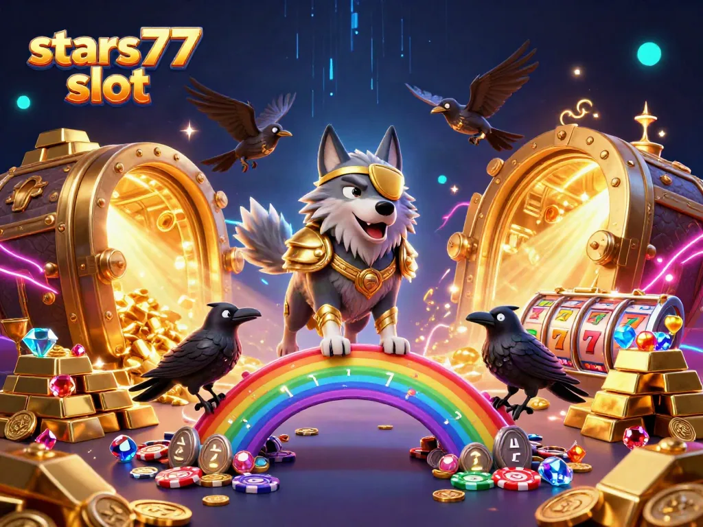 Menangkan hadiah menarik dengan stars77 slot dalam ilustrasi 3D yang kaya elemen kasino.