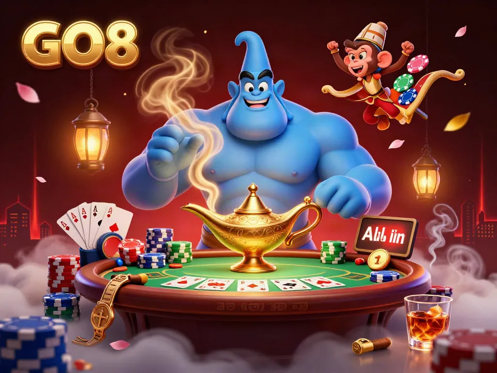 Players enjoy at GO8 casino with a magical genie, poker elements, and vibrant atmosphere.