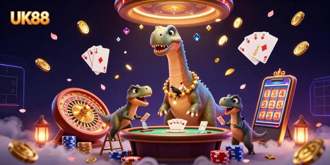 Experience thrilling gambling action at UK88 with a 3D brontosaurus and clever raptor in vibrant casino atmosphere.