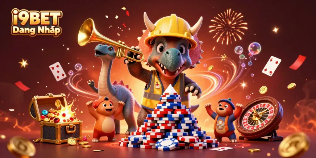 Experience i9BET Đăng Nhập excitement with a dynamic celebration scene of characters building poker chips.