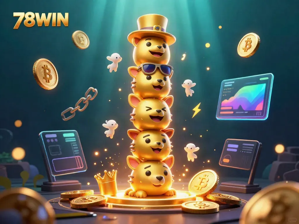 Experience the vibrant world of 78WIN with enchanting gaming elements and a golden totem pole surrounded by crypto coins.