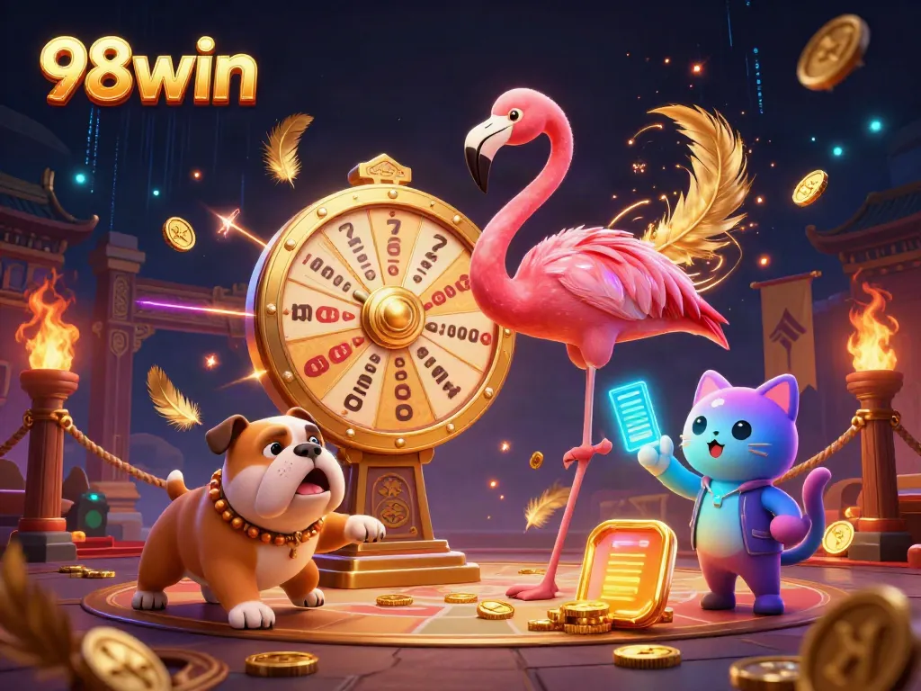 Engage with the thrilling atmosphere at 98win featuring a flamingo host and bulldog contestant.