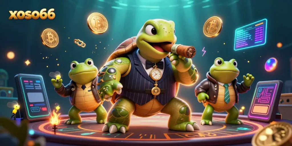 Experience thrilling adventures at xoso66 with a cartoon turtle in a casino-themed scene.