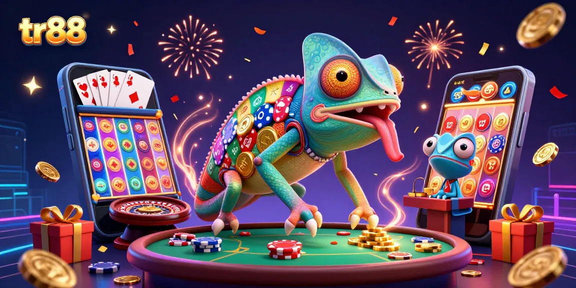 Experience the excitement of tr88's vibrant casino scene with a chameleon casino owner and dynamic gaming elements.
