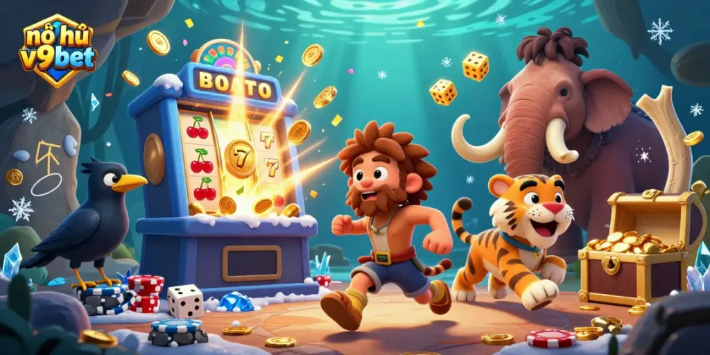 Experience the excitement of nổ hũ v9bet in a vibrant prehistoric casino scene filled with jackpots and prizes.