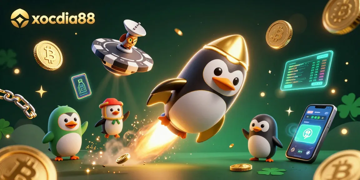 Experience thrilling xocdia88 gameplay with a golden penguin and cosmic casino adventure illustration.