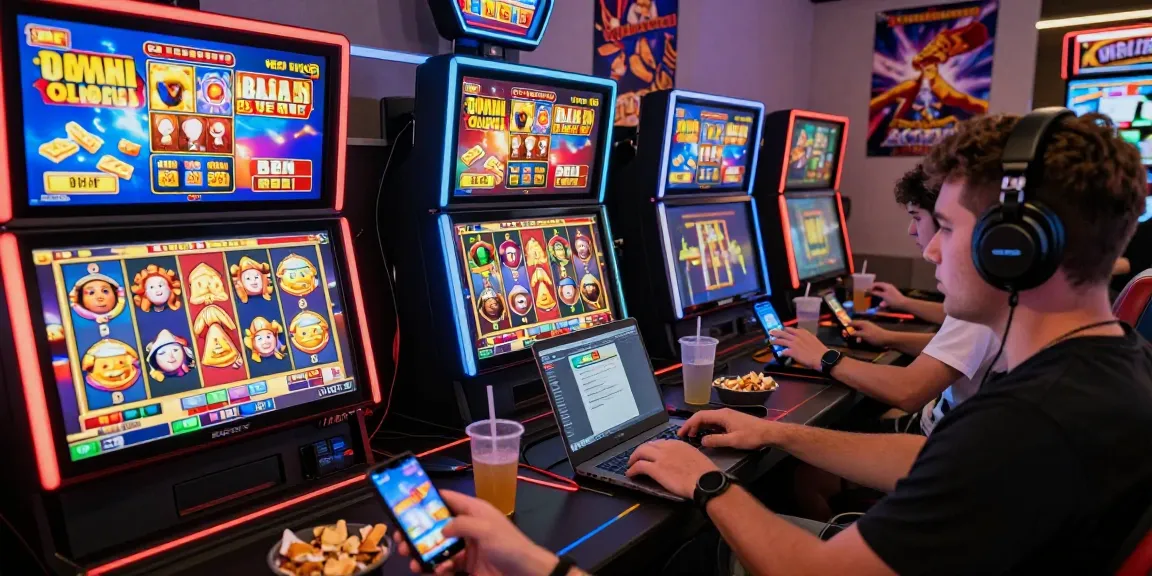 Players engaged in thrilling slot games on various devices in a vibrant gaming room atmosphere.