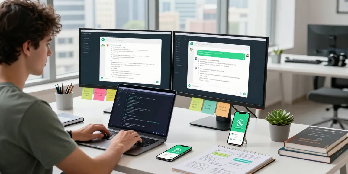 WhatsApp下載 app development scene with a developer coding on a laptop in a modern workspace, showcasing vibrant design elements.