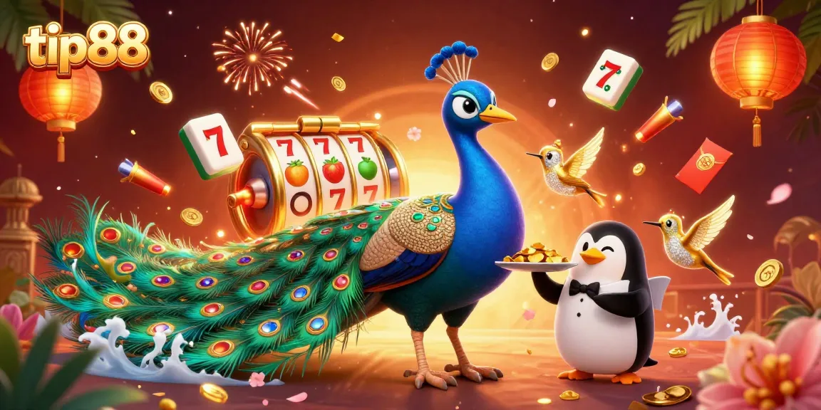 Experience thrilling gameplay at tip88 with a vibrant 3D digital casino scene featuring peacock, penguin, and hummingbird.