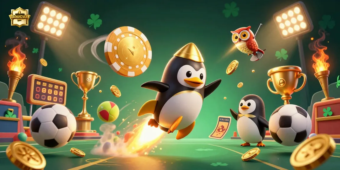 Experience the excitement of baucua with a golden penguin racing towards a casino, surrounded by dynamic elements.