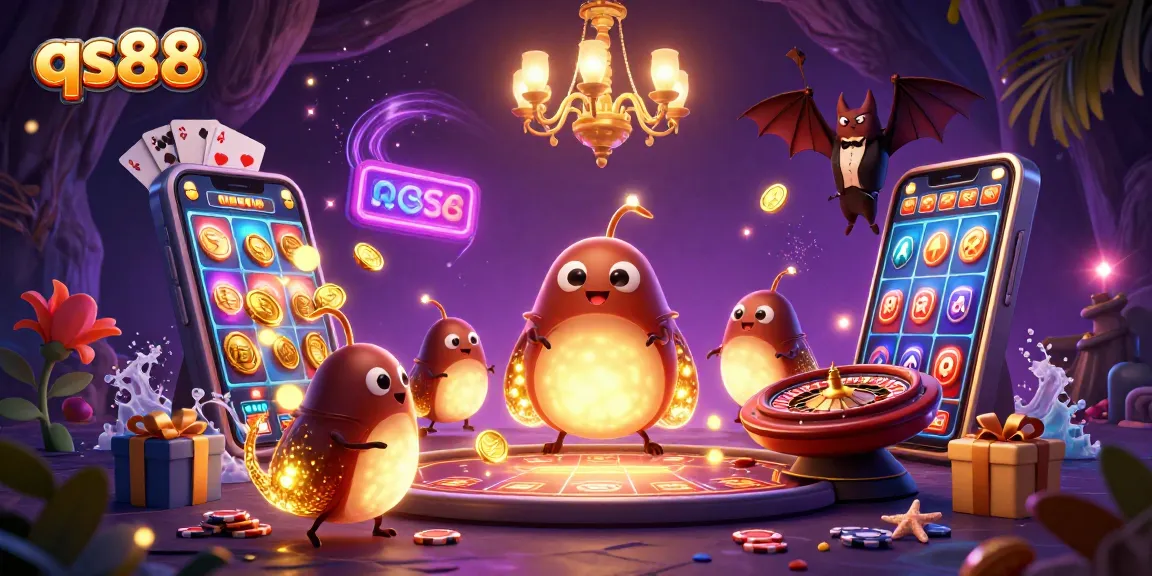 qs88 glowing casino scene with glowworms, a bat dealer, and slot game elements