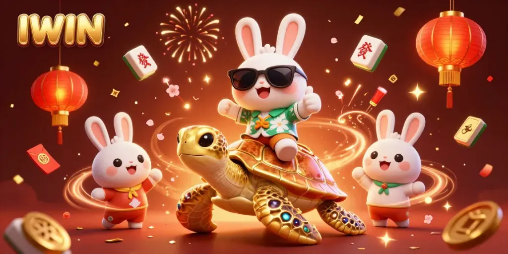 IWIN brings luck with a cartoon rabbit and turtle in a vibrant casino scene full of treasures.