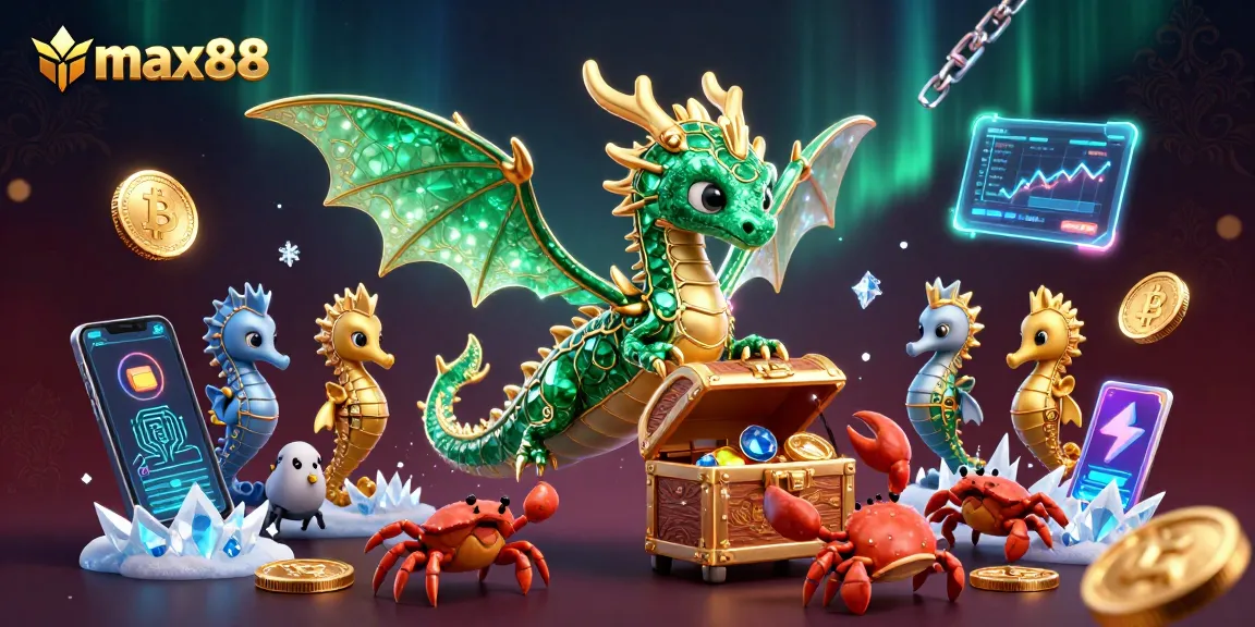 Engage with max88's vibrant casino adventure showcasing crypto-themed treasure in a dynamic scene.