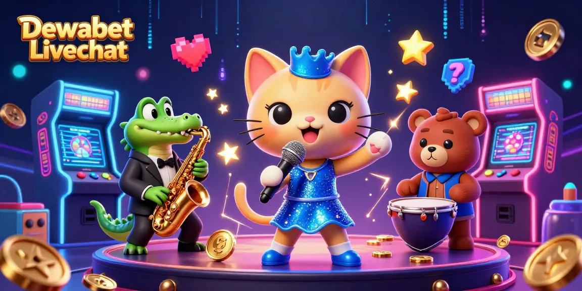 Dewabet Livechat brings excitement with a lively casino scene featuring a jazz-singer cat and friends.