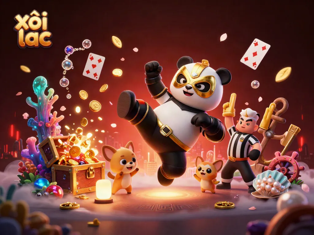 Experience the excitement of xôi lạc with a panda wrestler kicking amidst a treasure-filled casino scene.