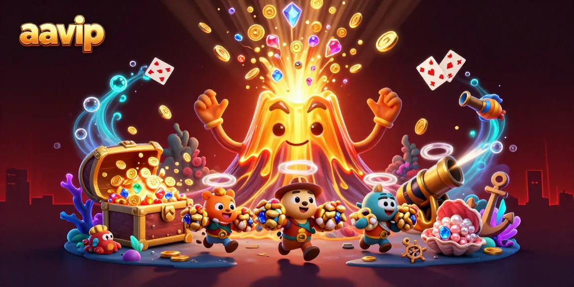 AAVIP unveils a triumphant volcanic scene, filled with treasure elements, capturing the excitement of online gaming.