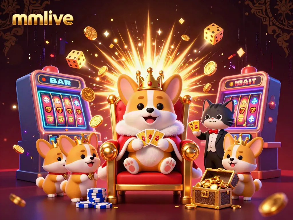 Win big with mmlive as royal corgi reigns in a vibrant casino scene filled with gold coins and slot machines.