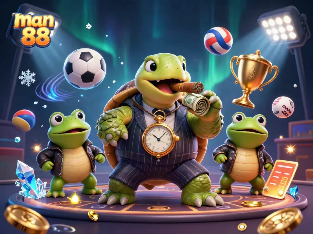 Engage with man 88 in an electrifying casino scene featuring a turtle in a mobster suit, sports elements, and gold coins.