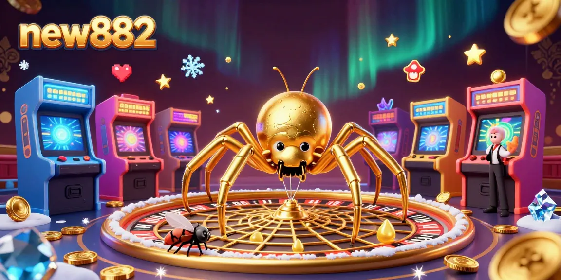 Experience thrilling gameplay with new882 at the vibrant casino themed illustration featuring a golden spider and dramatic roulette.